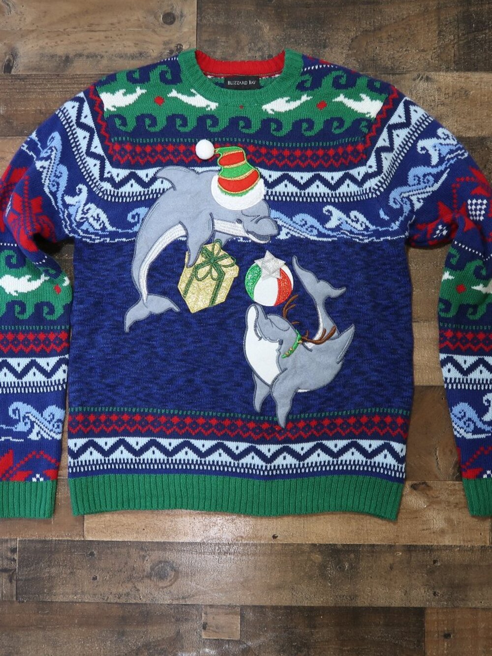 Blizzard Bay Mens Medium Dolphin Ugly Christmas Sweater Holiday Ocean Theme